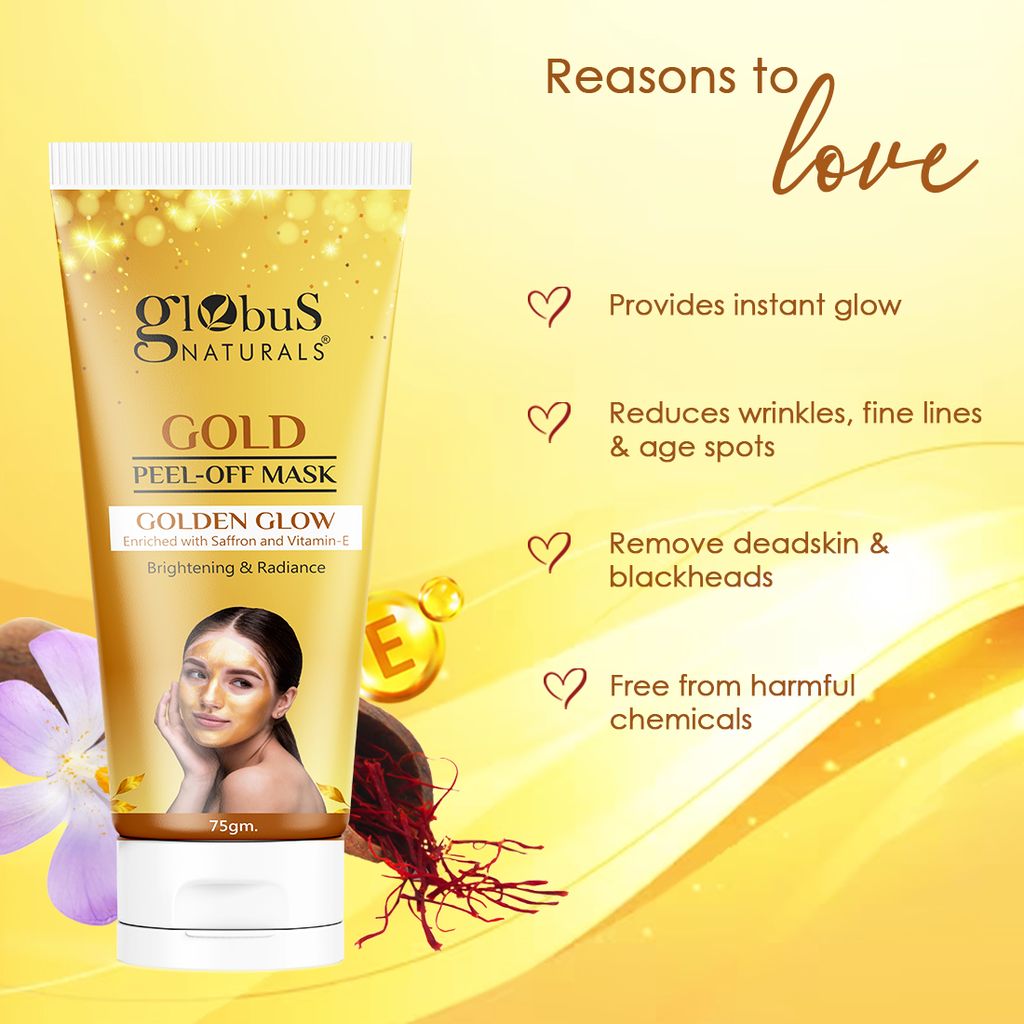 Globus Naturals Gold Peel Off Mask For Golden Glow, Enriched with Saffron & Vitamin-E, Brightening & Radiance, Suitable For All Skin Types, 75 g view 2