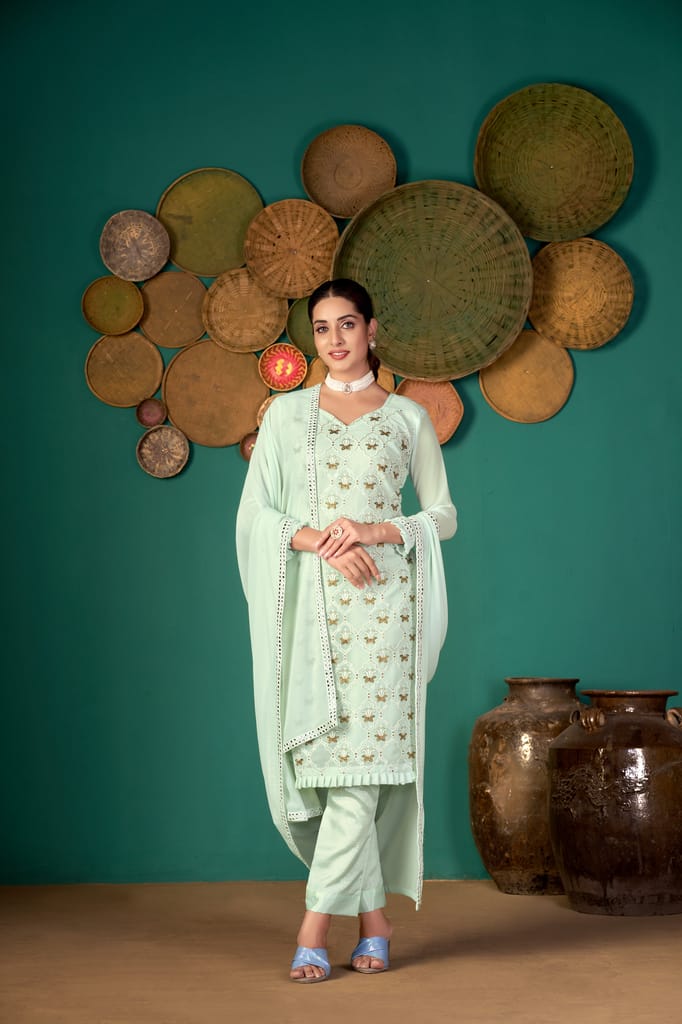 Green Georgette Heavy Embroidery Foil Mirror Work With Four Side Lace Dress Material view 2