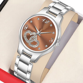 Brown Double Heart Dial Metal Silver Analog Watch For Women, Girls view 2