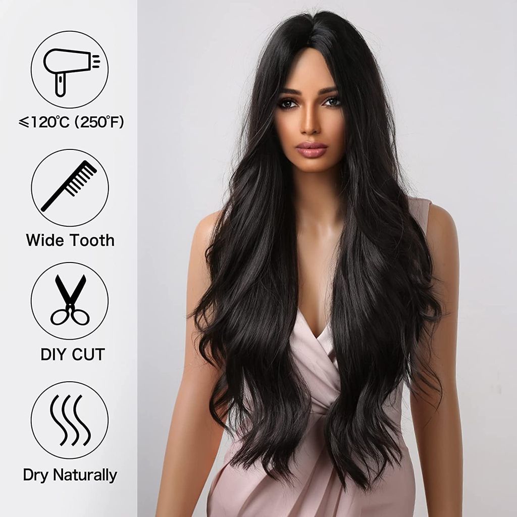 Akashkrishna Hair Wig Long Black Hair Wig for Women Curly Synthetic Hair Middle Part Hair Wig Heat Resistant Fiber (Black) view 2
