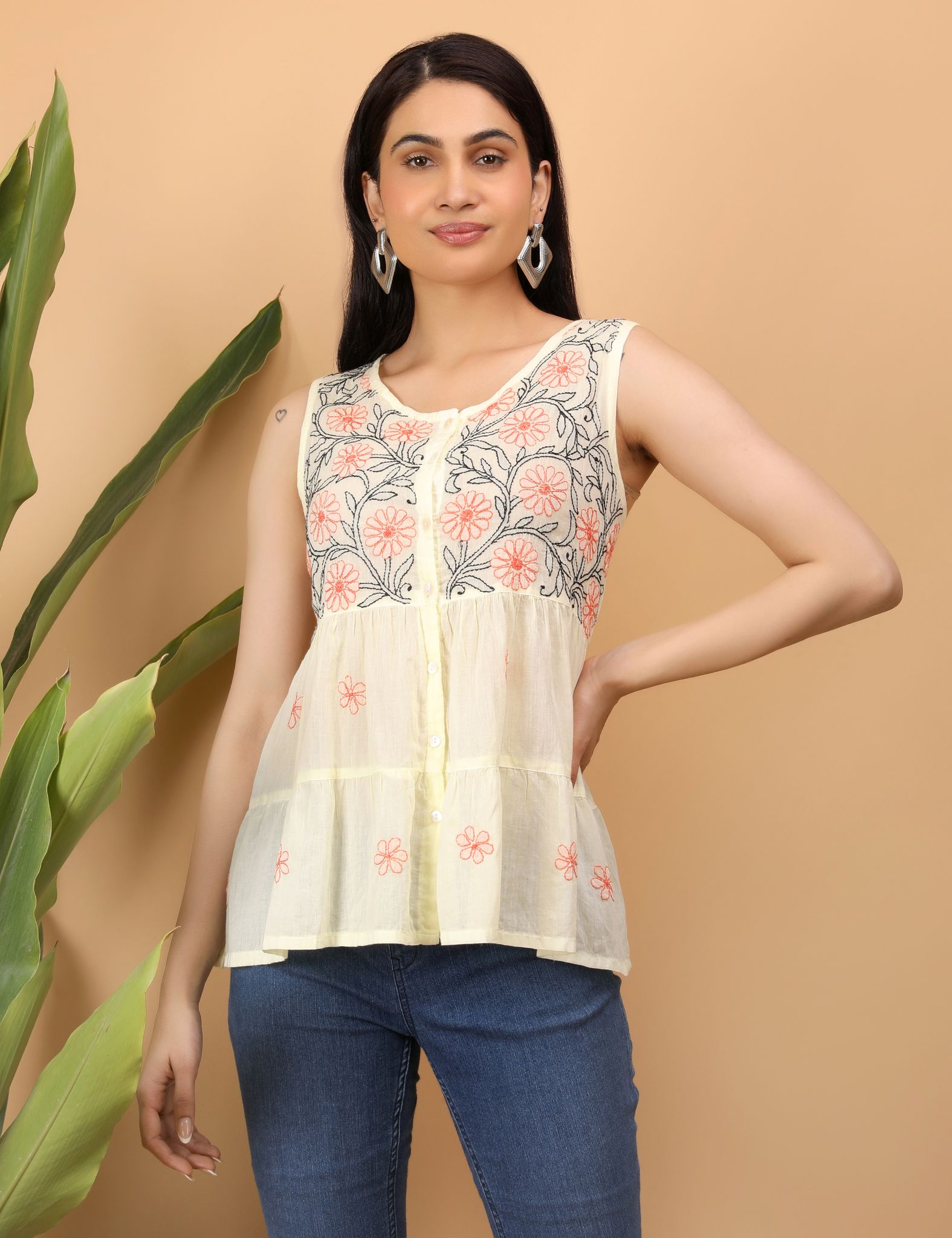 Shwet Women Yellow Chikankari Sleevless Tier Top view 2