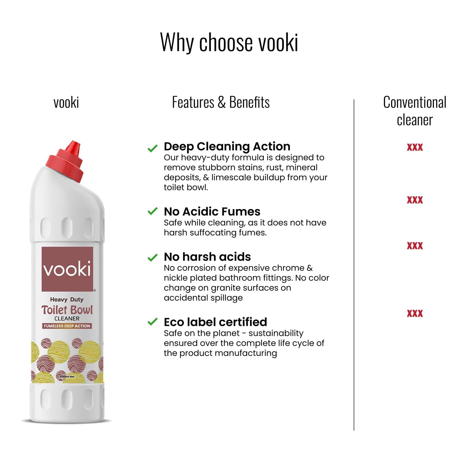 Vooki Heavy Duty Toilet Bowl Cleaner Fumeless Deep Action liquid - 500 ml (Pack of 1) view 2