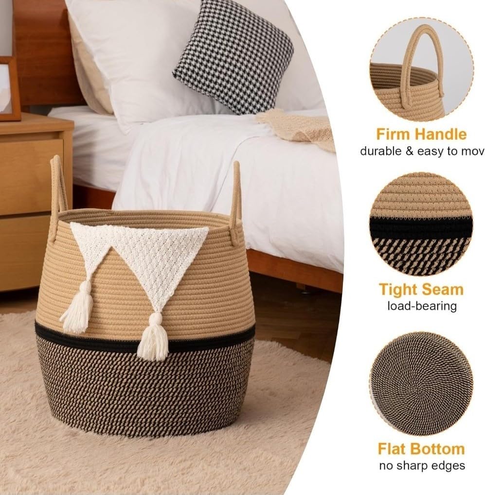 Generic Cotton Matka With Handle 14x12 Inch Storage Basket For Clothes With Out Lid (Beige-Black)-PID66392 view 2