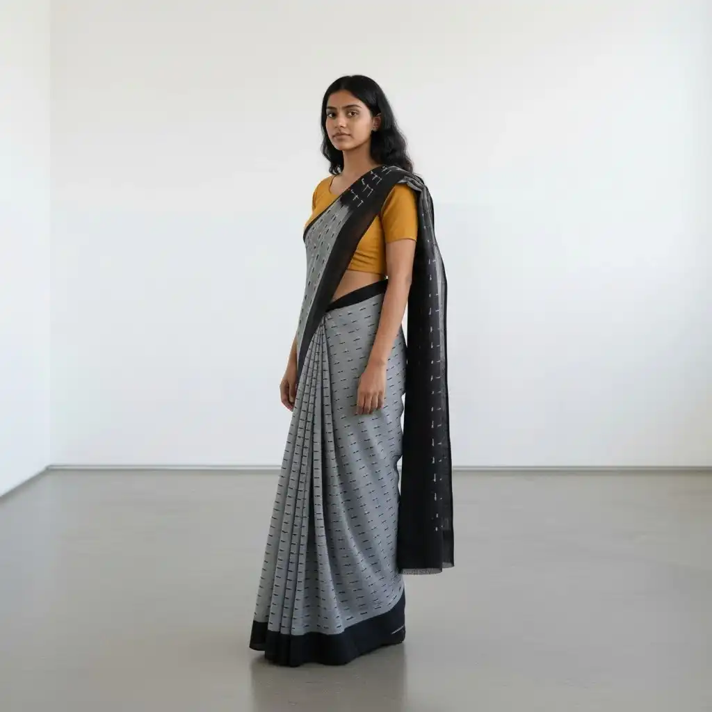 Pochampally Double Ikat Cotton Saree with Temple Border, Black Gray view 2