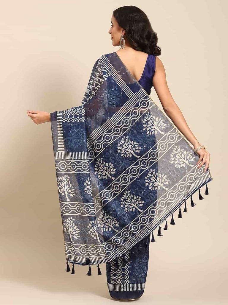 Women's Pure Cotton block print saree with unstiched blouse piece view 2