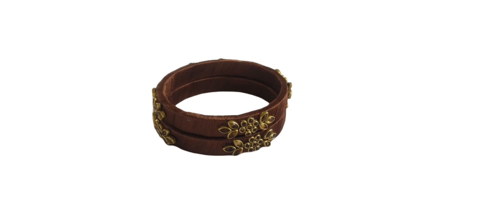 Elegant Brown Silk Thread Bangles with Floral Brass Embellishments (Pair) view 2