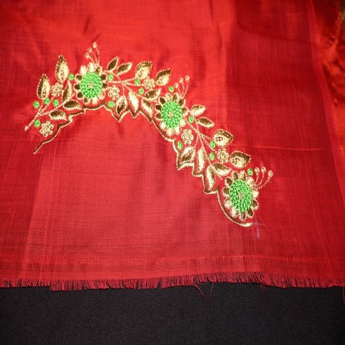 Red Silk Blouse Piece with Embroidered Floral Design view 2