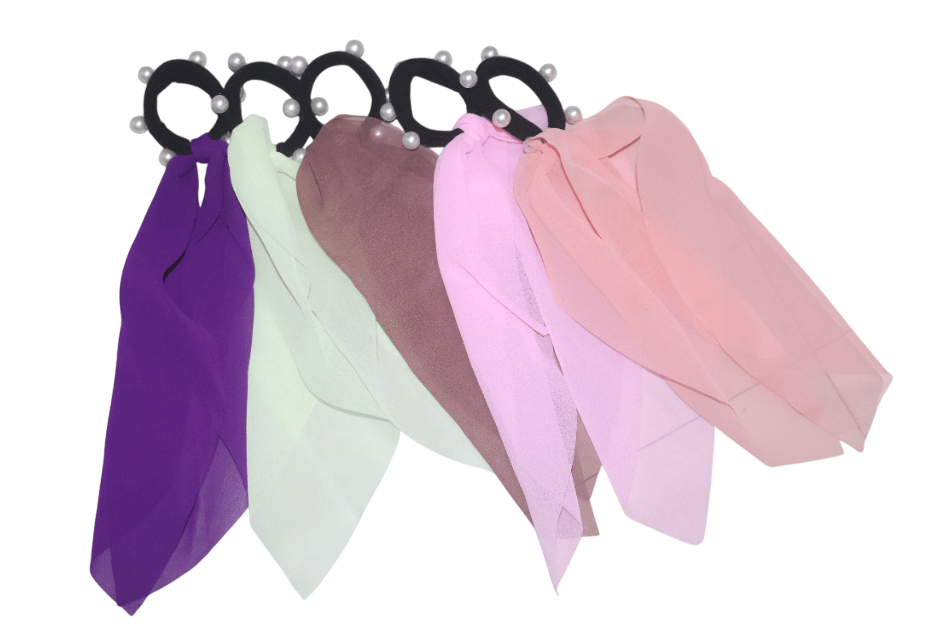 Chiffon Ribbon Hair Ties with Faux Pearl Accents - Set of 5 view 2