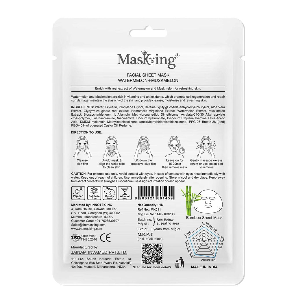 MasKing Bamboo Facial Sheet Mask of Watermelon & Muskmelon for Skin Refreshing Ideal for Women & Men 20ml, (Pack of 1) view 2