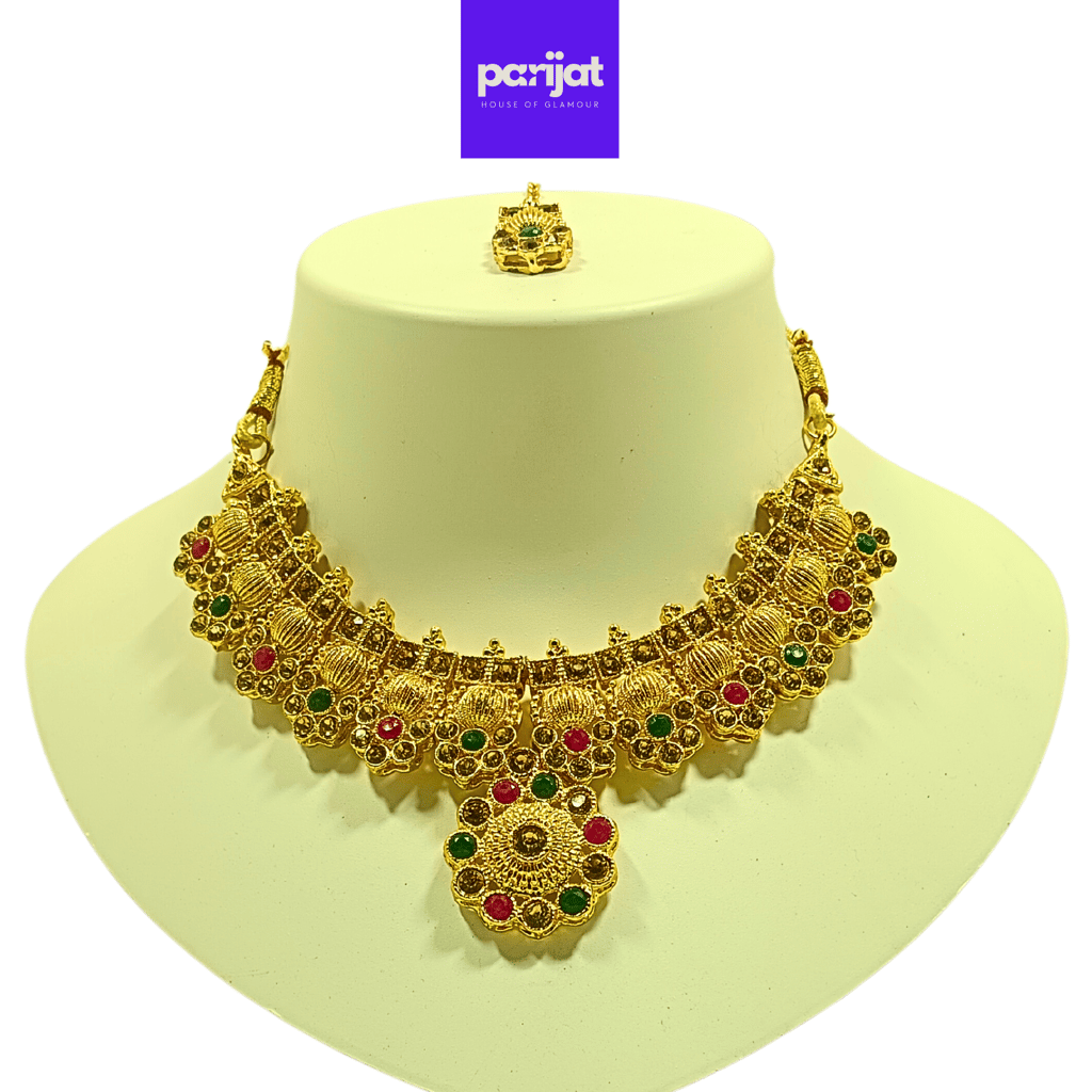 Parijat Elegant Luxury Handcrafted Gold Plated Necklace Jewellery Set with Earrings And Mangtika, AD, Multi Coloured Stone view 2