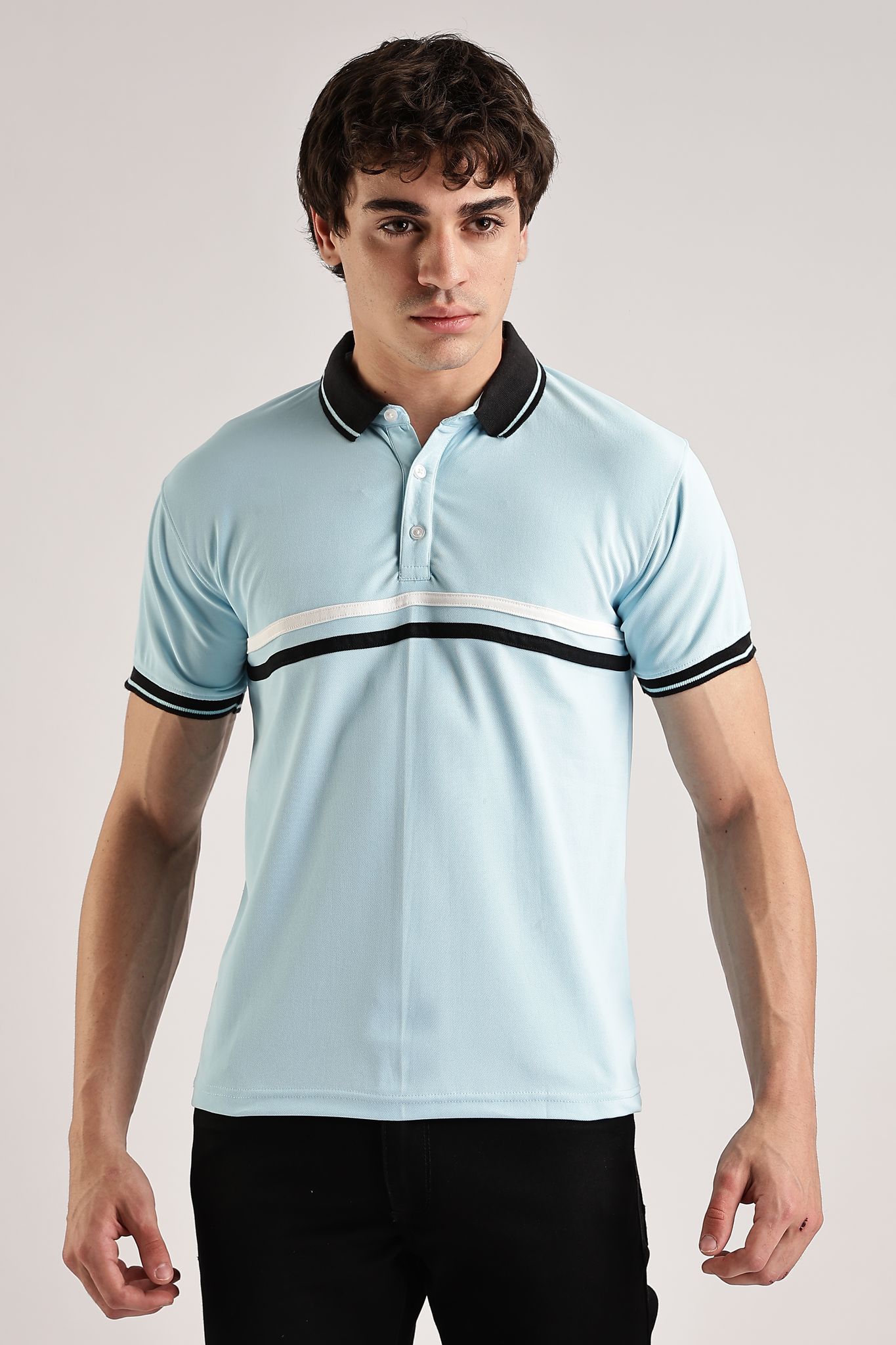 Polyester Sky Blue Striped Polo