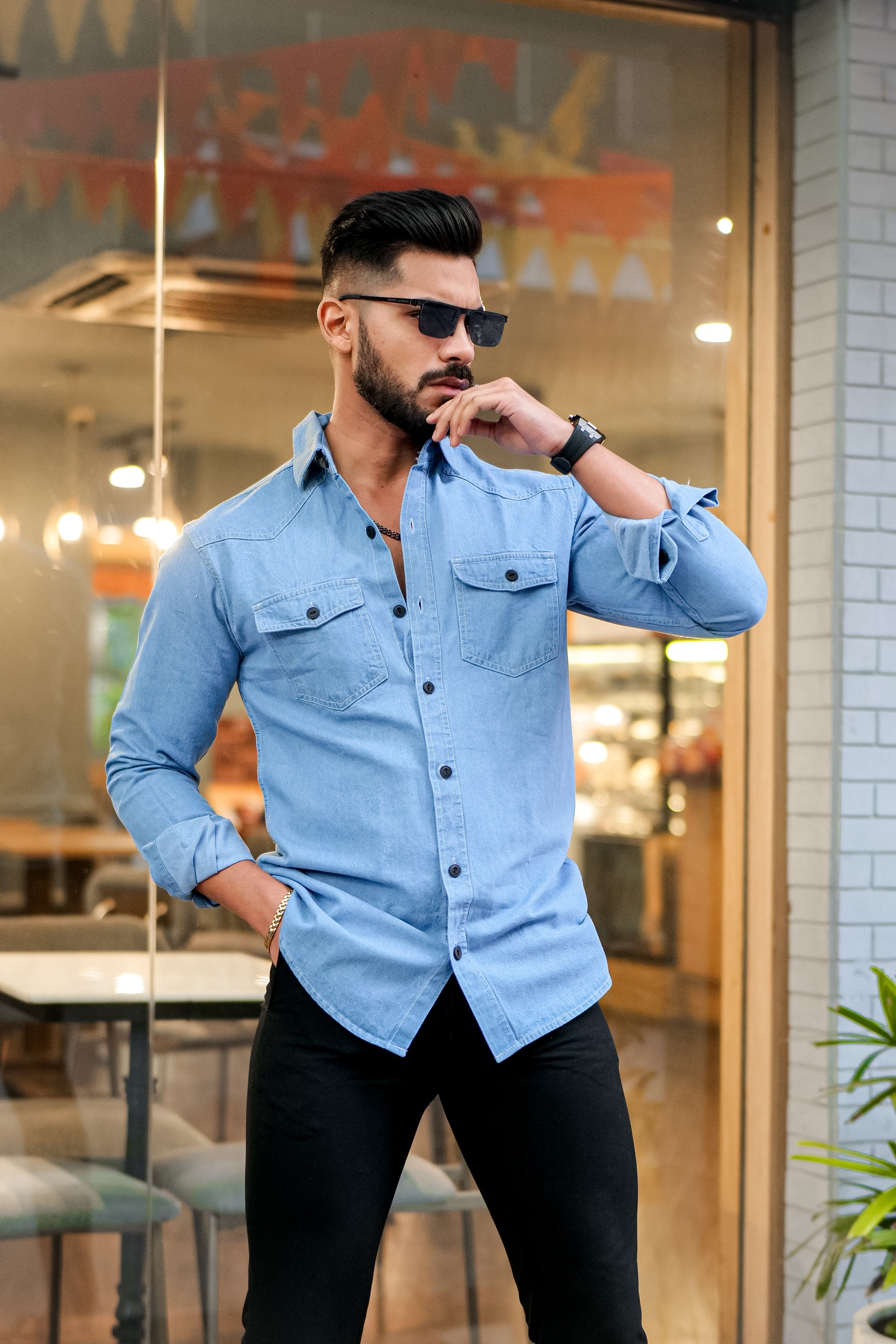 Sky Blue Denim Double Pocket Full Sleeve Shirt view 2