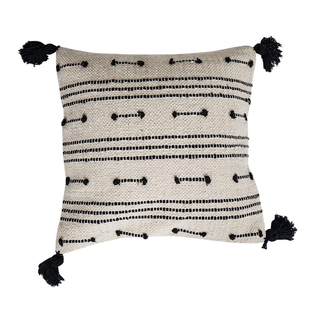 Lalawat-Export Cushion Cover Black and white Cotton Throw Pillows Boho Handmade Knit case Sofa Decor Fringes (Square, 16x16 Inches) LLE_28