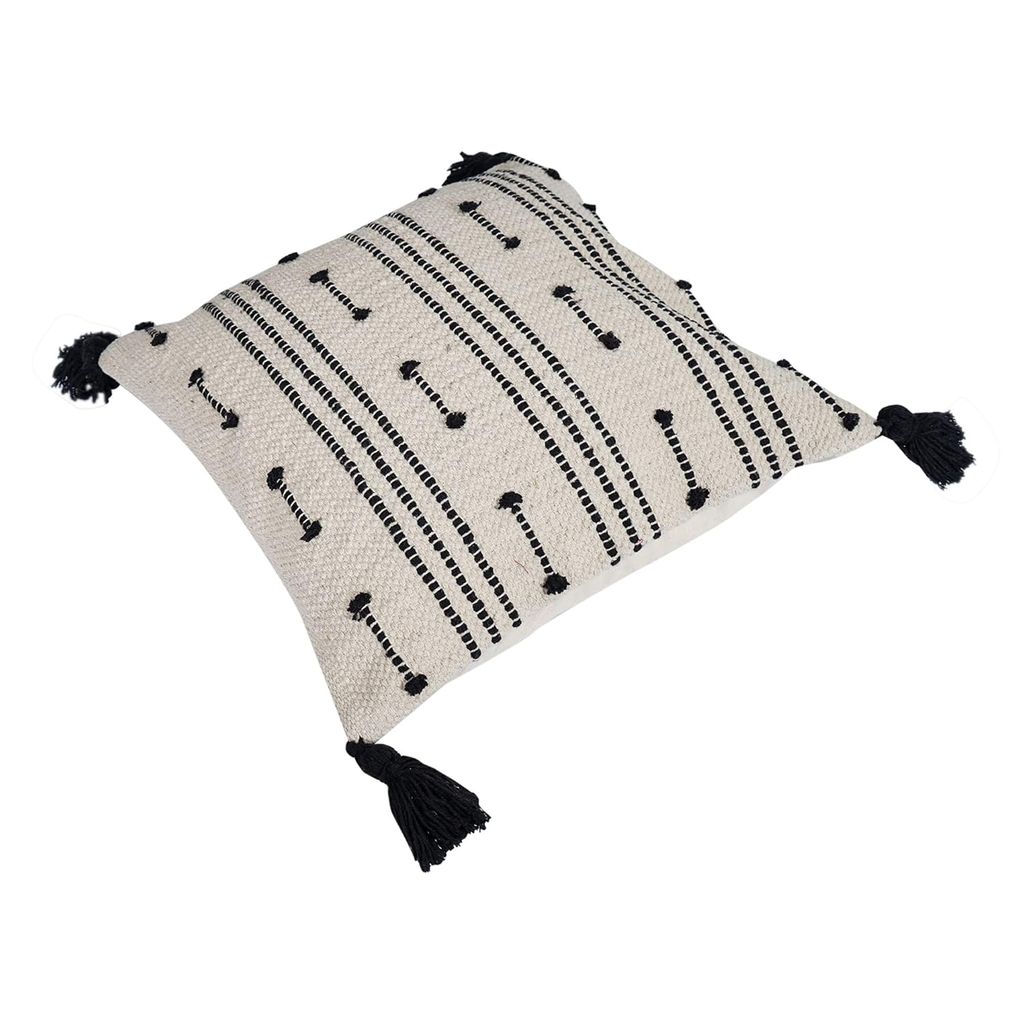 Lalawat-Export Cushion Cover Black and white Cotton Throw Pillows Boho Handmade Knit case Sofa Decor Fringes (Square, 16x16 Inches) LLE_28 view 2