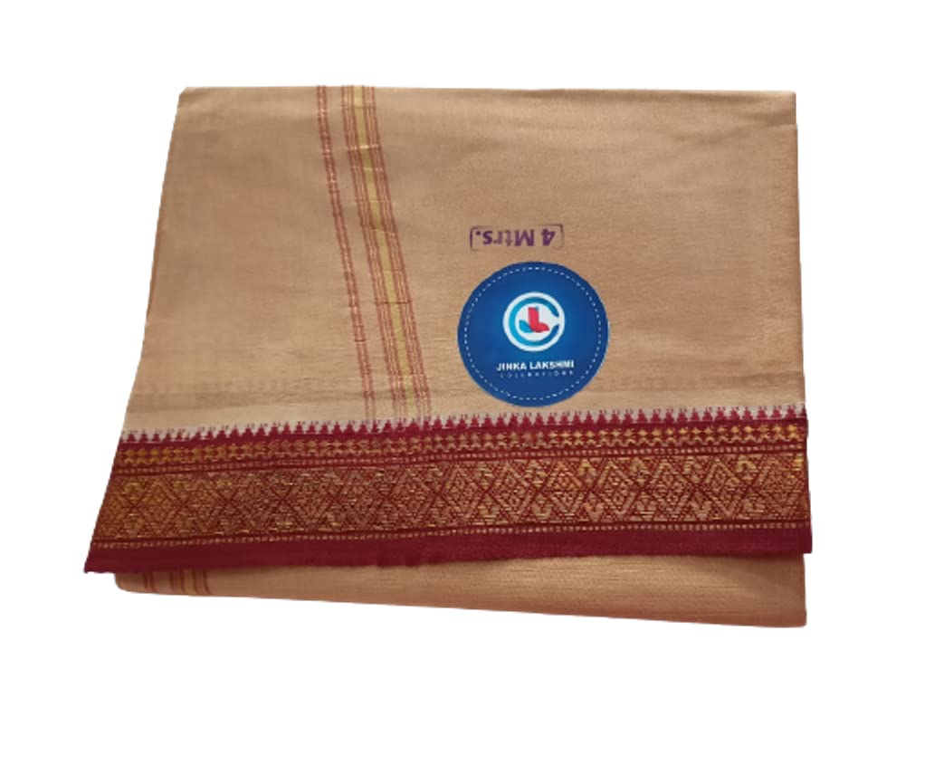 JINKA LAKSHMI COLLECTIONS 100% Handloom Cotton Biscuit Color Dhoti With Zari Border 4 Meters Unstitched Pack of 2 (Muticolor-2) view 2