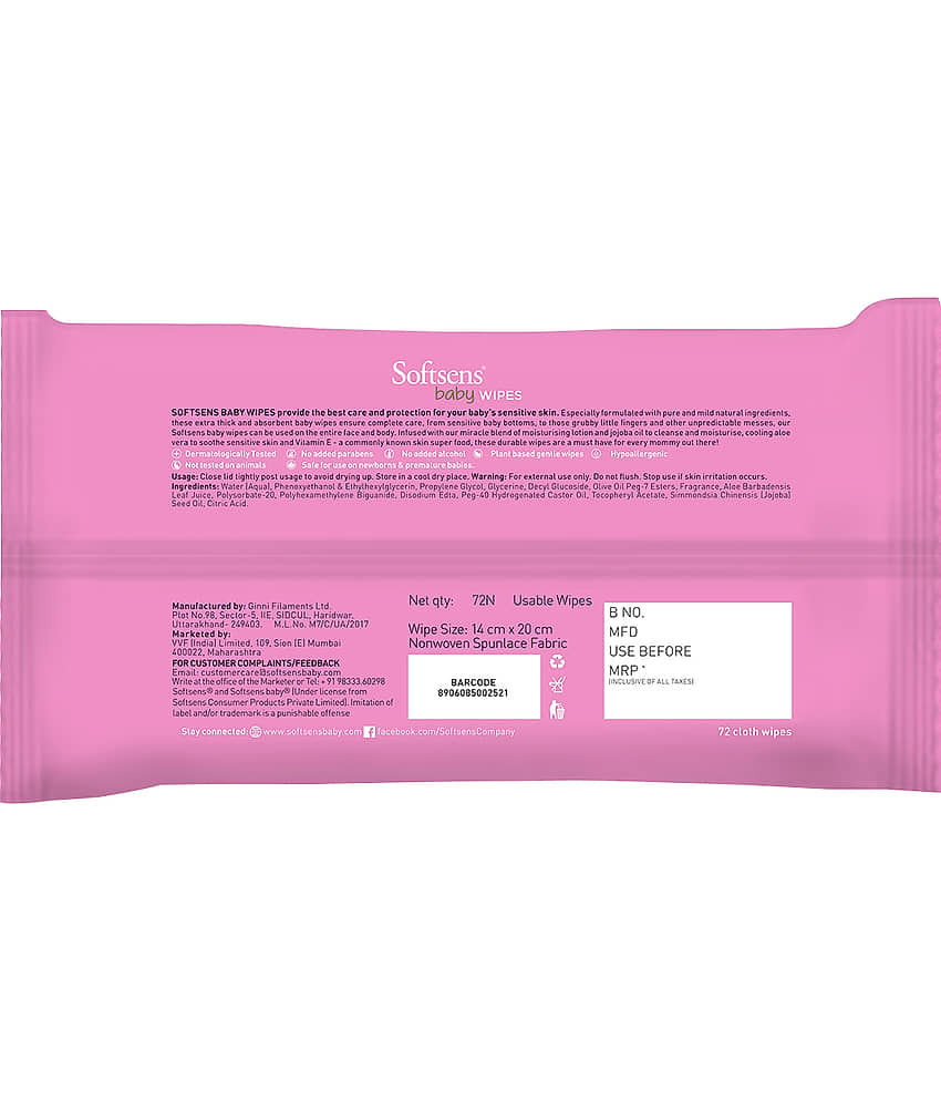 Softsens Baby Gentle Cloth Wipes Enriched with Aloe Vera , Vitamin, 72 Wipes, Pack of 6 view 2