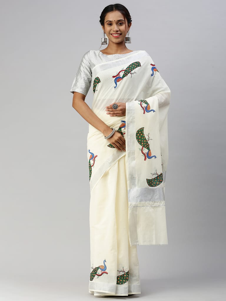 Womens Kerala Off White Peacock Design Printed Silver Jari Saree OKS05 view 2