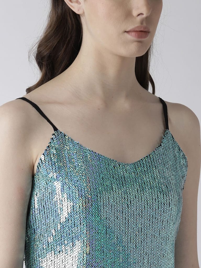 Women Blue Sequinned A-Line Dress view 2