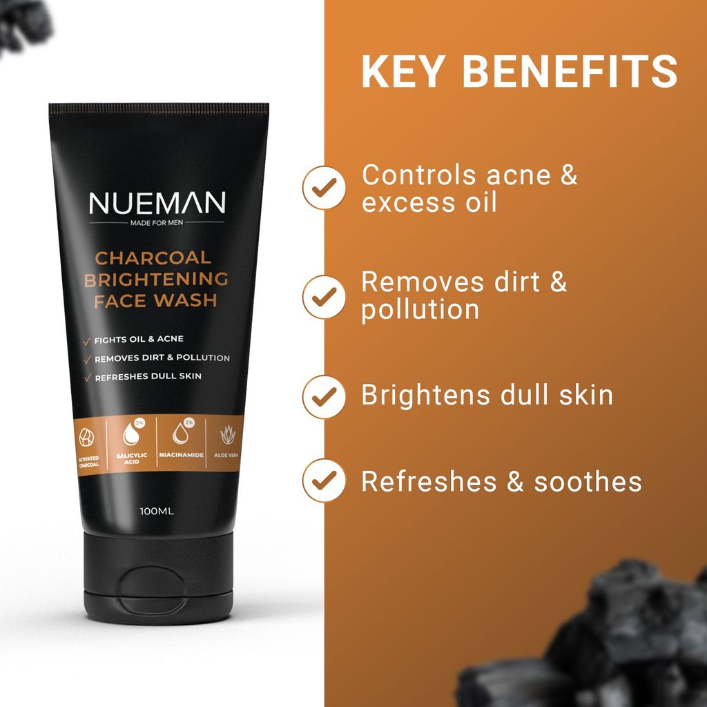 NUEMAN Charcoal Brightening Face Wash (100ml) + Vitamin C Face Serum (30ml) + Lip Balm with SPF 15 (5g) | Skincare Combo for Men | With Activated Charcoal, 2% Salicylic Acid, Niacinamide, Shea Butter view 2