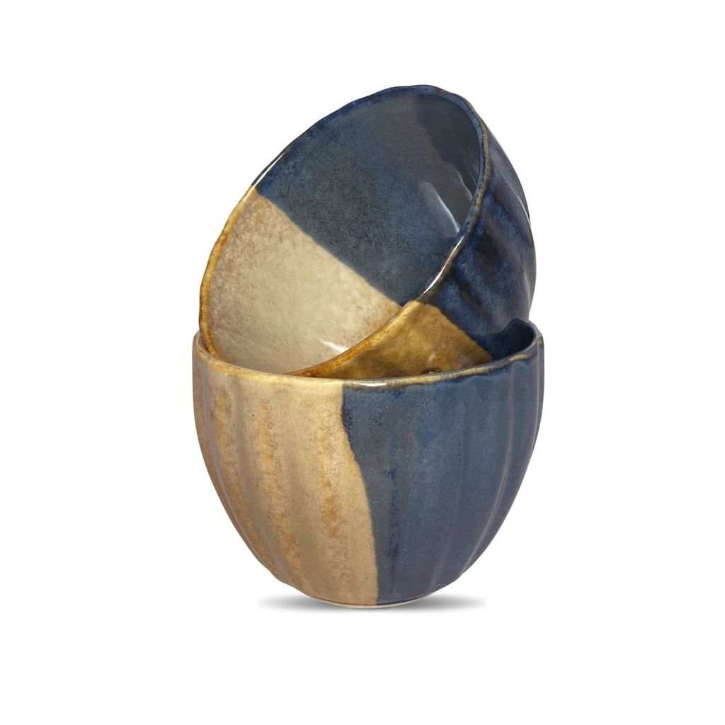 Ceramic Dining Studio Collection Half-Cut Blue & Brown Tulip Shaped Glazed Dinner Bowls Set of 4 view 2