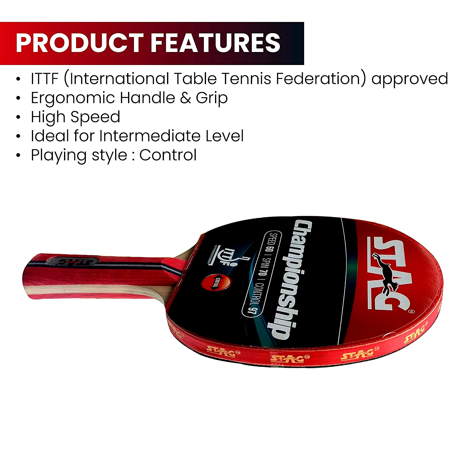 STAG Championship ITTF Approved Rubber Intermediate Table Tennis Bat (Packing - 1 Unit) by Total Sporting And Fitness Solutions Pvt Ltd view 2