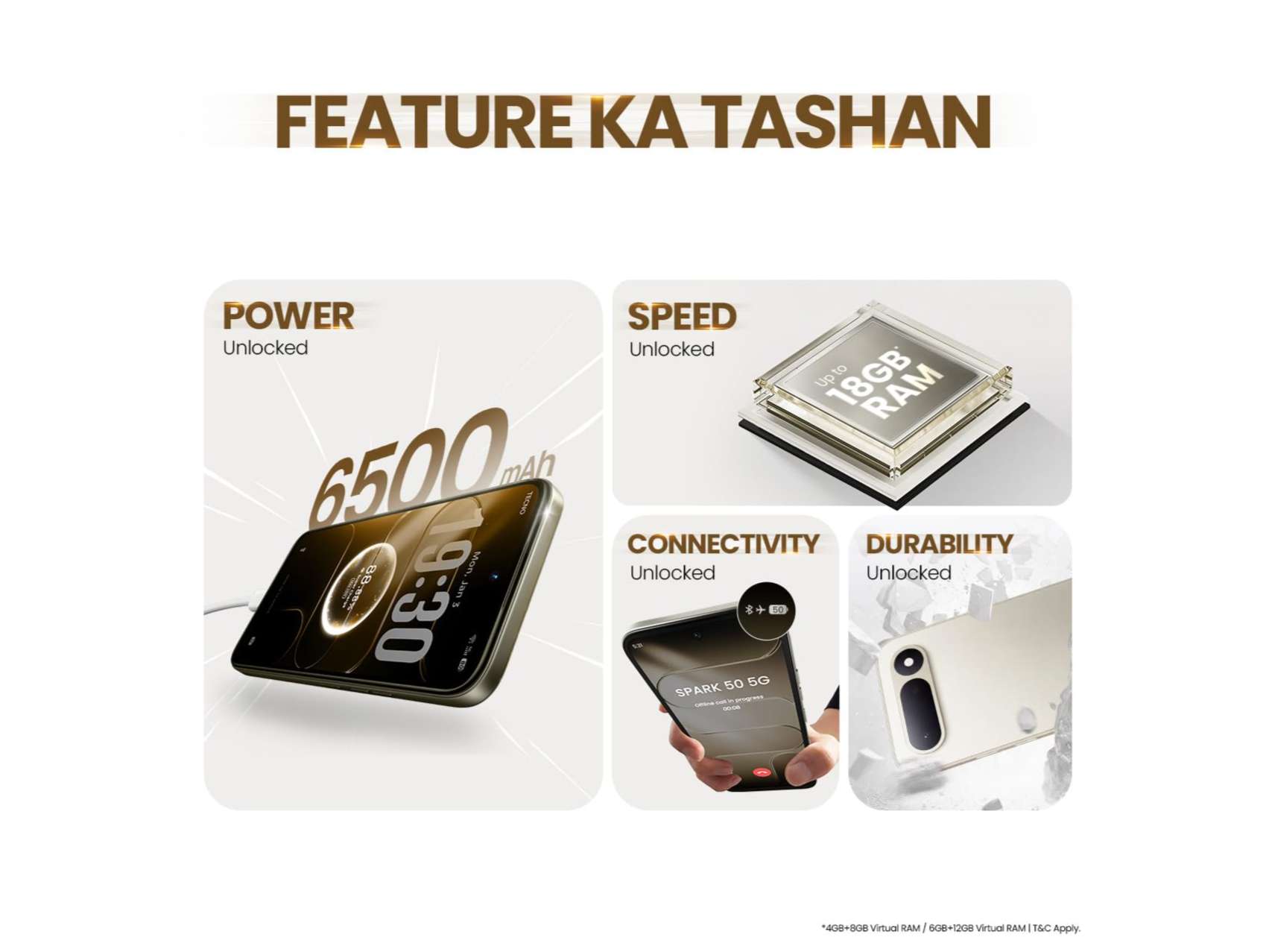 Tecno Spark 50 5G Smartphone, 6GB RAM, 128GB Storage - Champagne Gold view 2