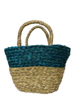 Handcrafted Sabai Grass Utility Bag - (Small) - Blue & Beige view 2
