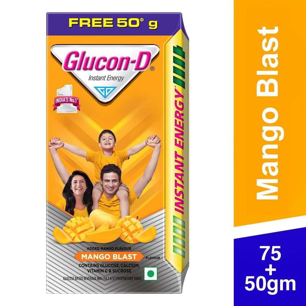 Glucon-D Mango Blast Glucose Powder(75g + 50g Extra)| For Tasty Mango Flavoured Glucose Drink| Provides Instant Energy view 2