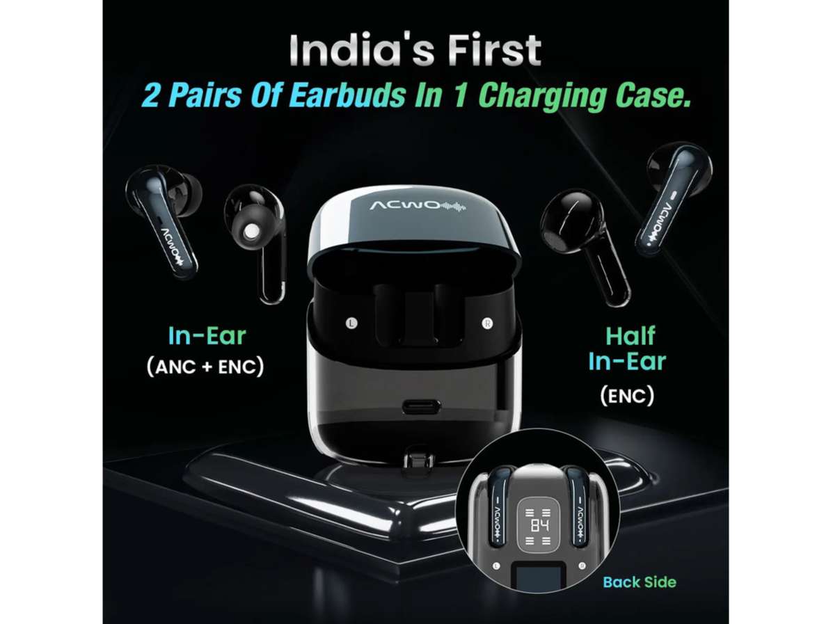ACwO Dwots Fire ANC India's First 4 in Ear Buds in 1 Case with ANC, 70Hrs Battery, ANC & Transparency Mode|, Bass &Theatre Modes, 4 Mics Ai-Enc - Black view 2