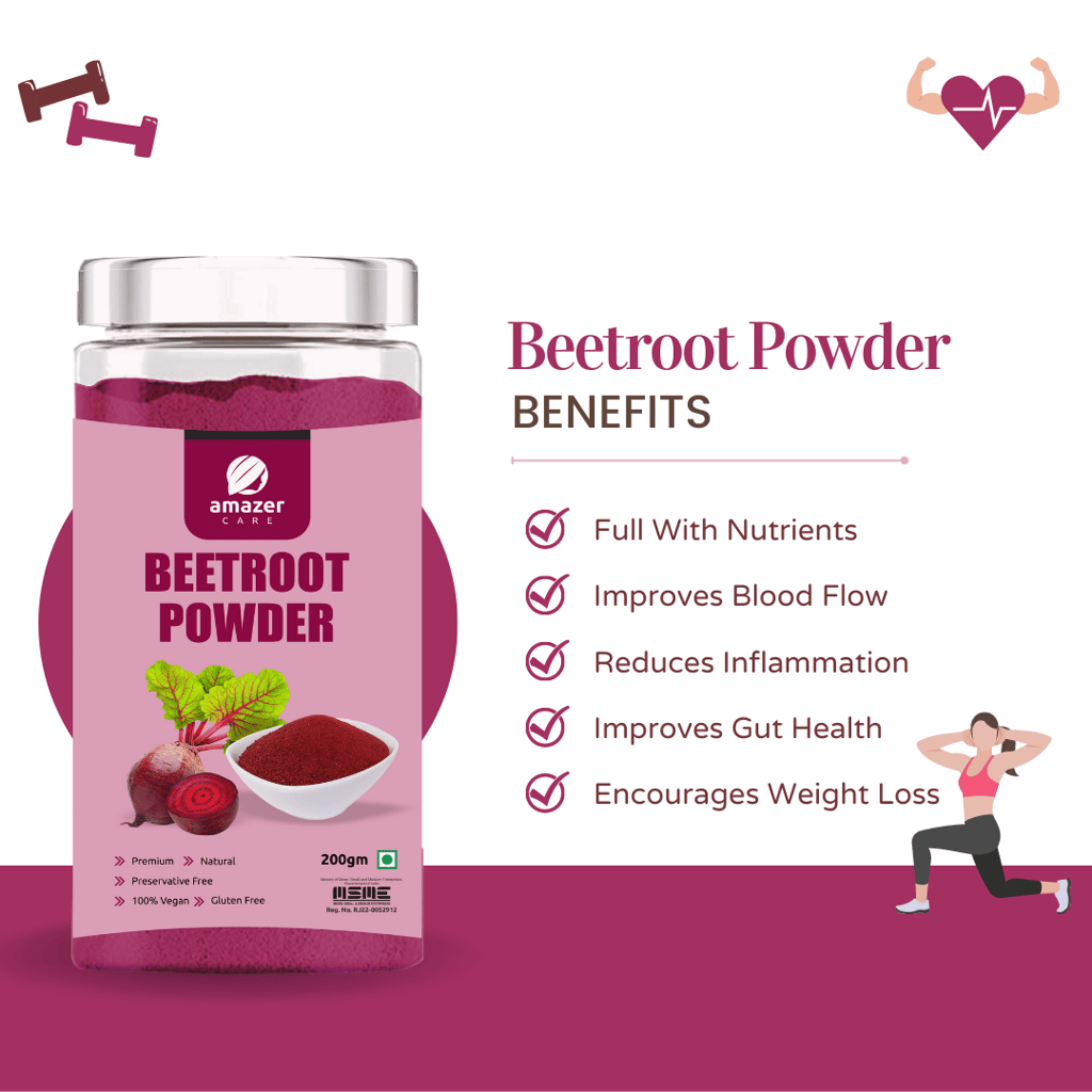 AmazerCare Beetroot Powder (Dehydrated) - Nitric Oxide Superfood For Eating & Drink, Jar Packing (200 gm), Immunity Booster, Full of Nutrients view 2