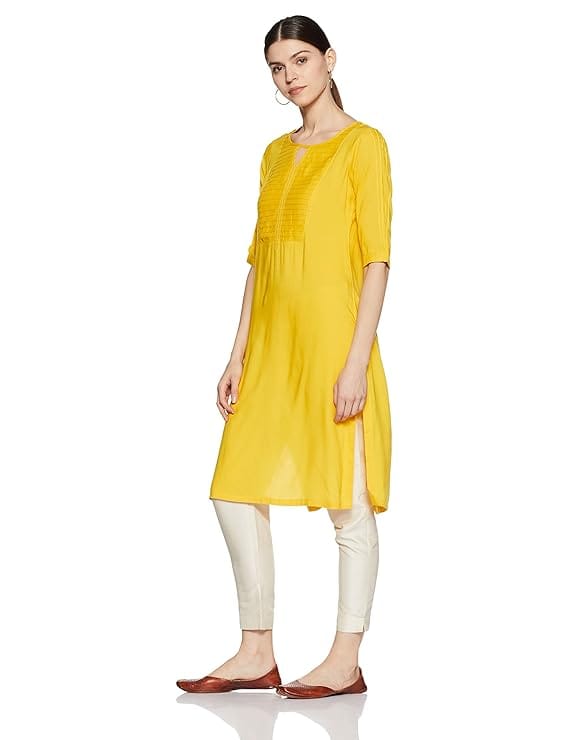 Yellow Rayon Embroidered A-Line Kurta with Round Neck and 3/4th Sleeves view 2