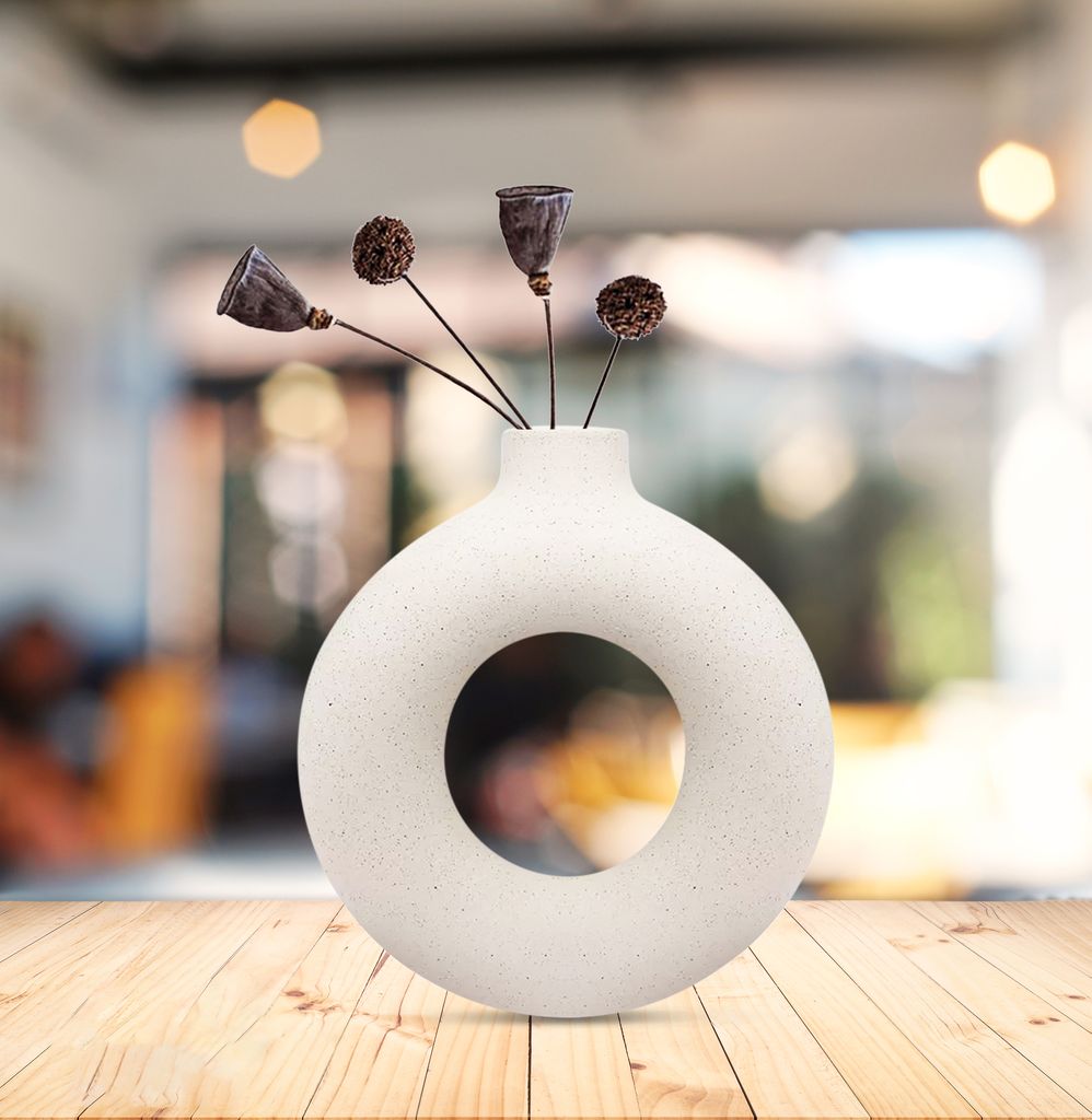 White Vase/ Office Desk Flower Vase Pampas Grass Vase Reinforced Ceramic Vase Round Shaped Vase Home Decor Centrepiece/ Decor Showpiece Donut Vase-6 in Pack of 1 view 2