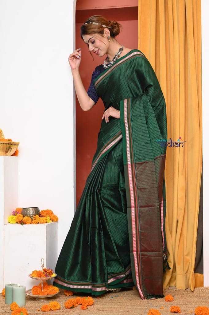 HANDWOVEN! Traditional Khun Cotton Silk Authentic Saree, Dark Green With Red Border view 2