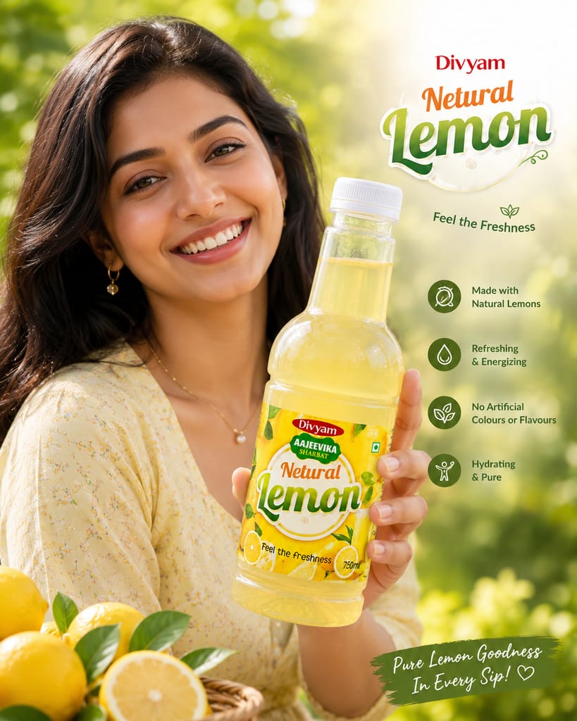 Divyam Aajeevika Natural Lemon Sharbat 750ml| Nimboo Ras, Amla, Honey & Rock Candy | No Artificial Colour | Makes 50+ Glasses view 2