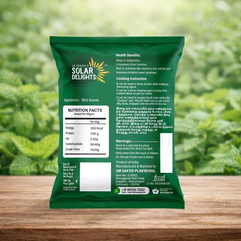 DR. RENGA'S SOLAR DELIGHTS Dried Mint Leaves | Solar Dried Pudina | Dehydrated Mint for Cooking & Tea | Natural Herbs | Ready to Use | 100g view 2