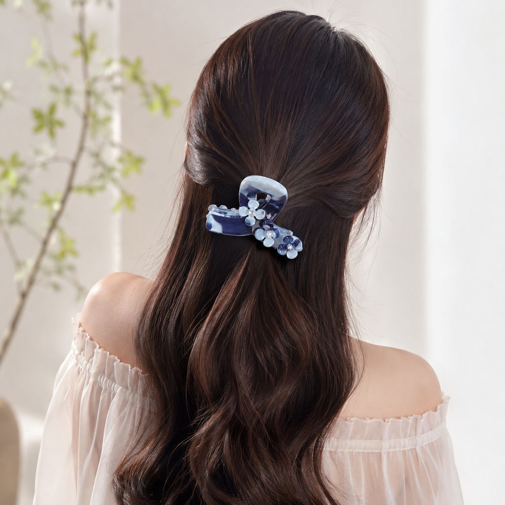 Blue Floral Hair Claw Clip view 2