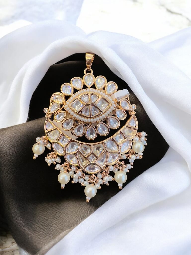 Pearl and Kundan Chandbali Earrings with Pendant Set view 2