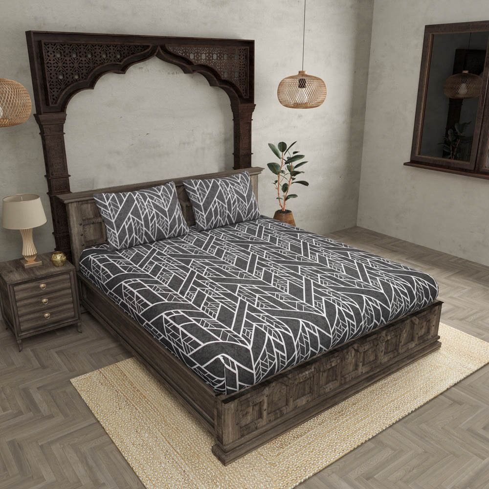 Quirky Home Fantasy Collection Premium Cotton Blend 180 TC Fitted King Wrinklefree Bedsheet with 2 Pillow Covers, New X Grey view 2