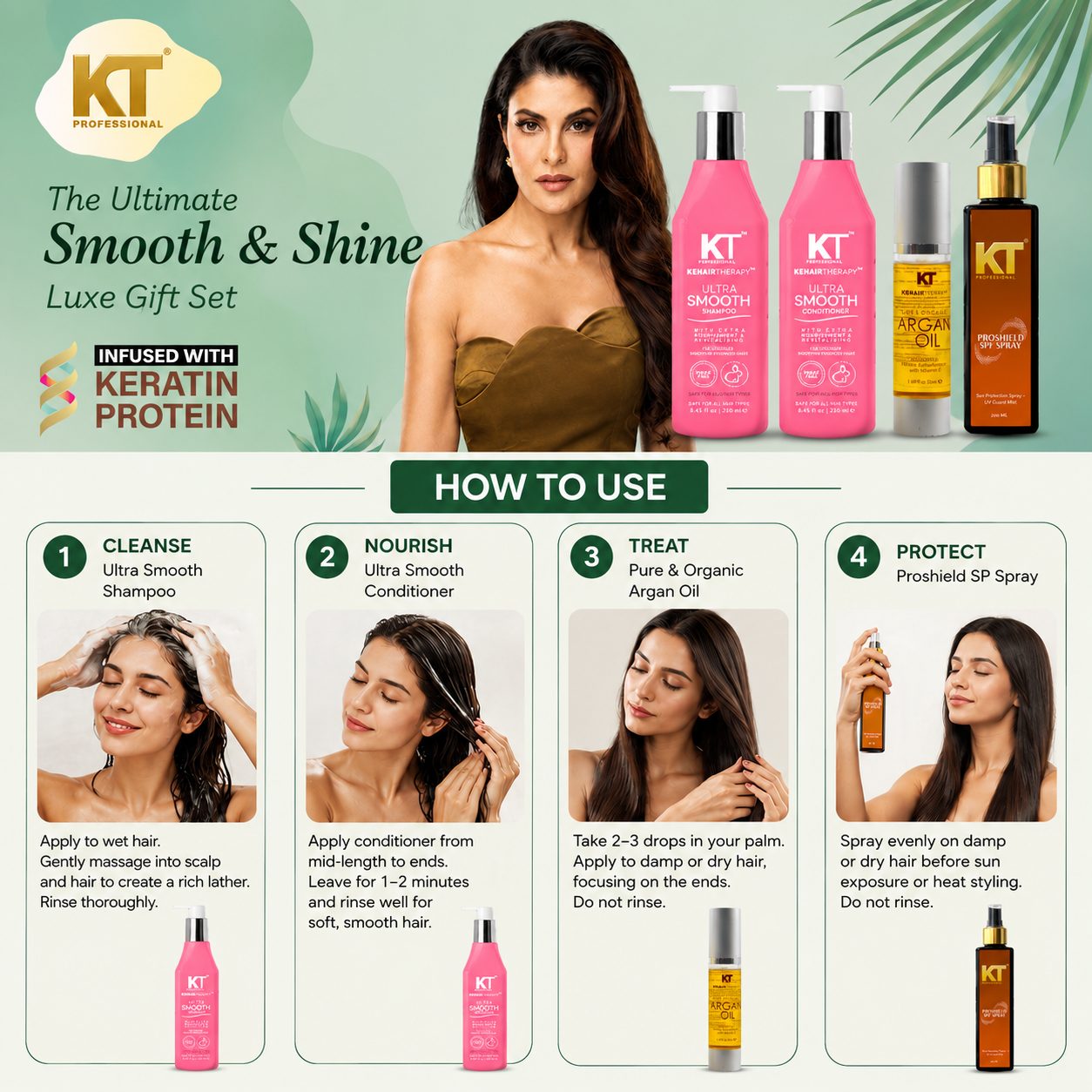 KT Professional Complete Hair Care Gift Kit, Shampoo, Conditioner, Serum & SPF Spray - 750ml view 2