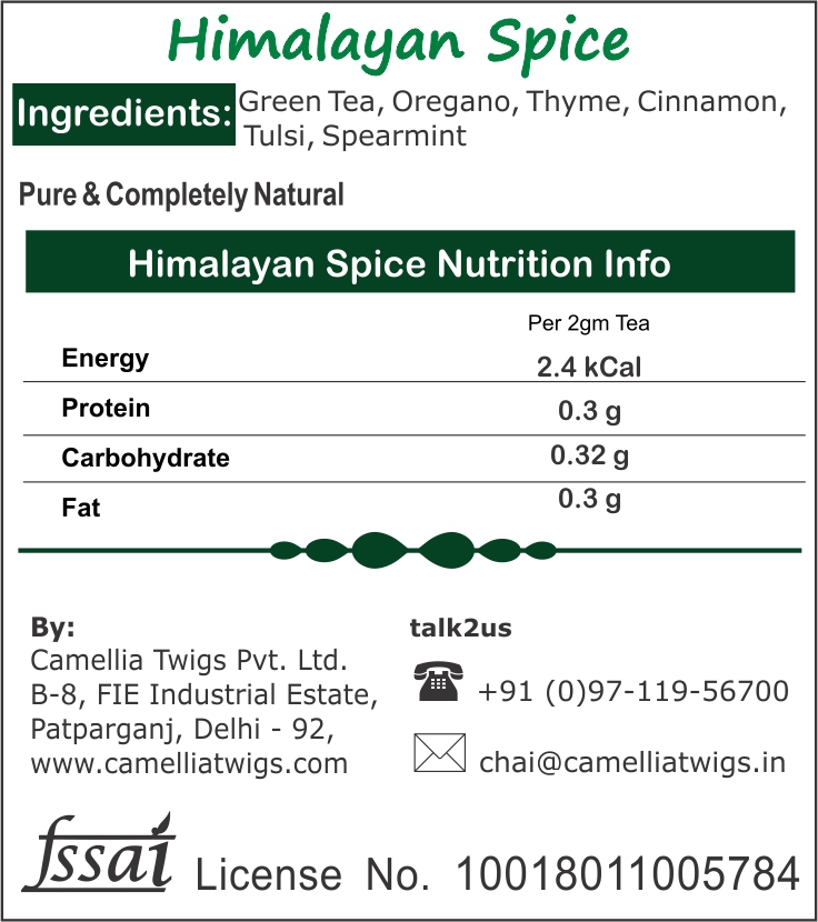 Camellia Twigs Himalayan Spice Green Tea | Darjeeling Green Tea with Tulsi, Thyme, Oregano, Cinnamon, Spearmint | Herbal Immunity & Digestion Boosting Blend | 100g (3.63 oz) | Makes 100 Cups view 2