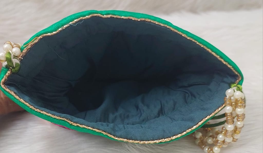 Green Potli Bag with Mirror Work and Pearl Handle view 2