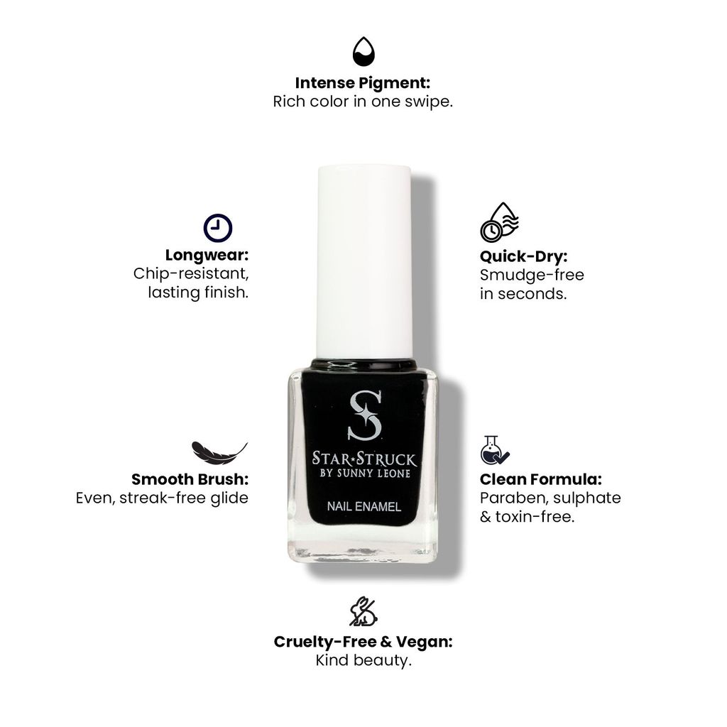 StarStruck by Sunny Leone - Black - Glossy Nail Polish | Mirror-Like Shine & Longwear Color | Quick Dry Formula view 2