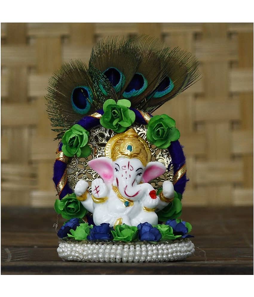 eCraftIndia Blue & Green Handcrafted Lord Ganesha Idol On Floral Plate with Peacock Feather Decorative Showpiece view 2