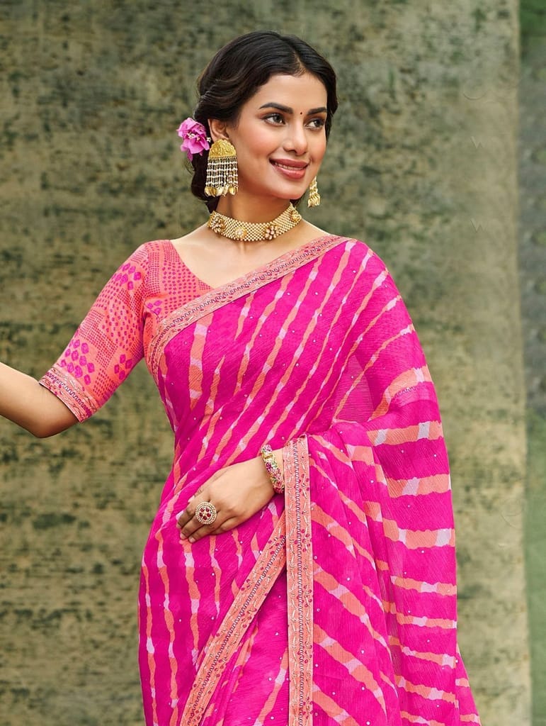 Laxmipati Magenta Leheriya Printed Chiffon Saree view 2