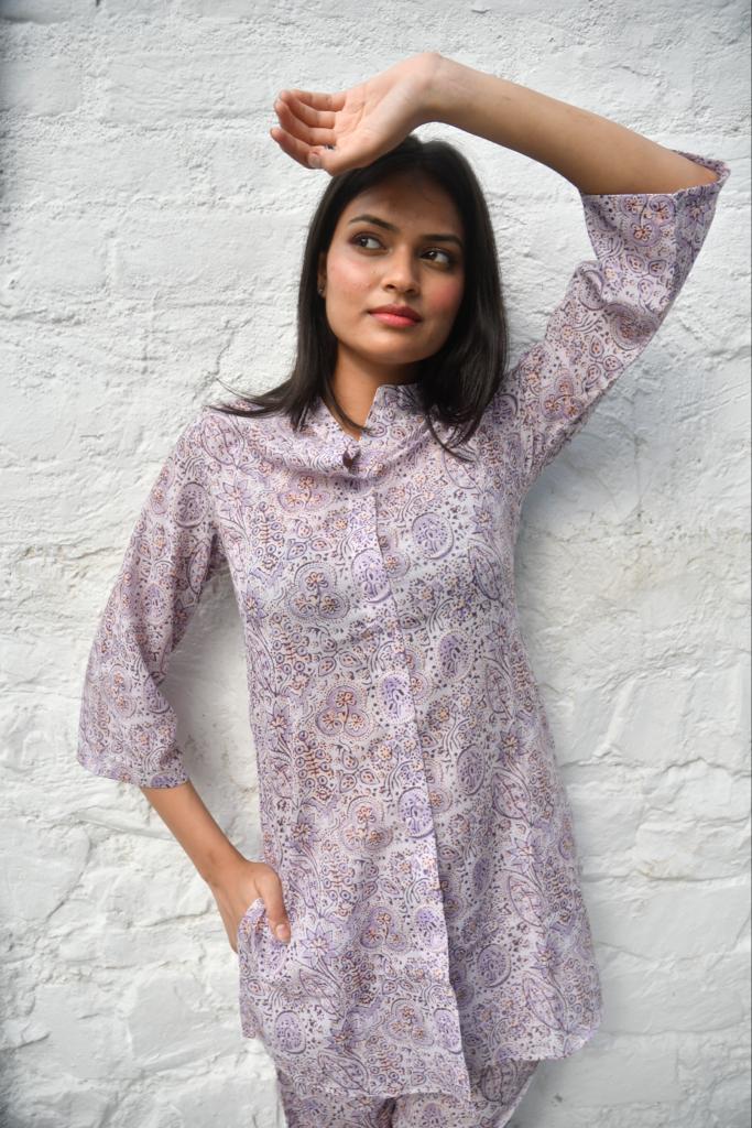 Lilac Floral Handblock Co-ord Set: Effortless Style view 2