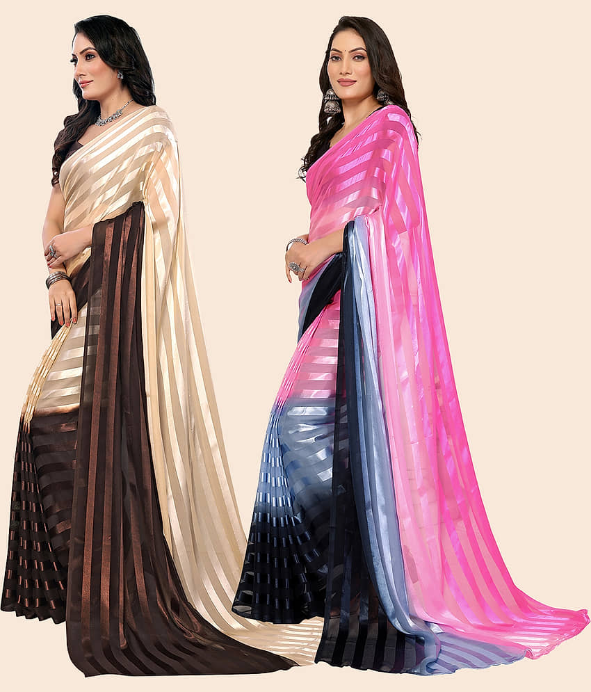 ANAND SAREES Satin Striped Saree With Unstitched Blouse Piece ( Multicolor ) view 2