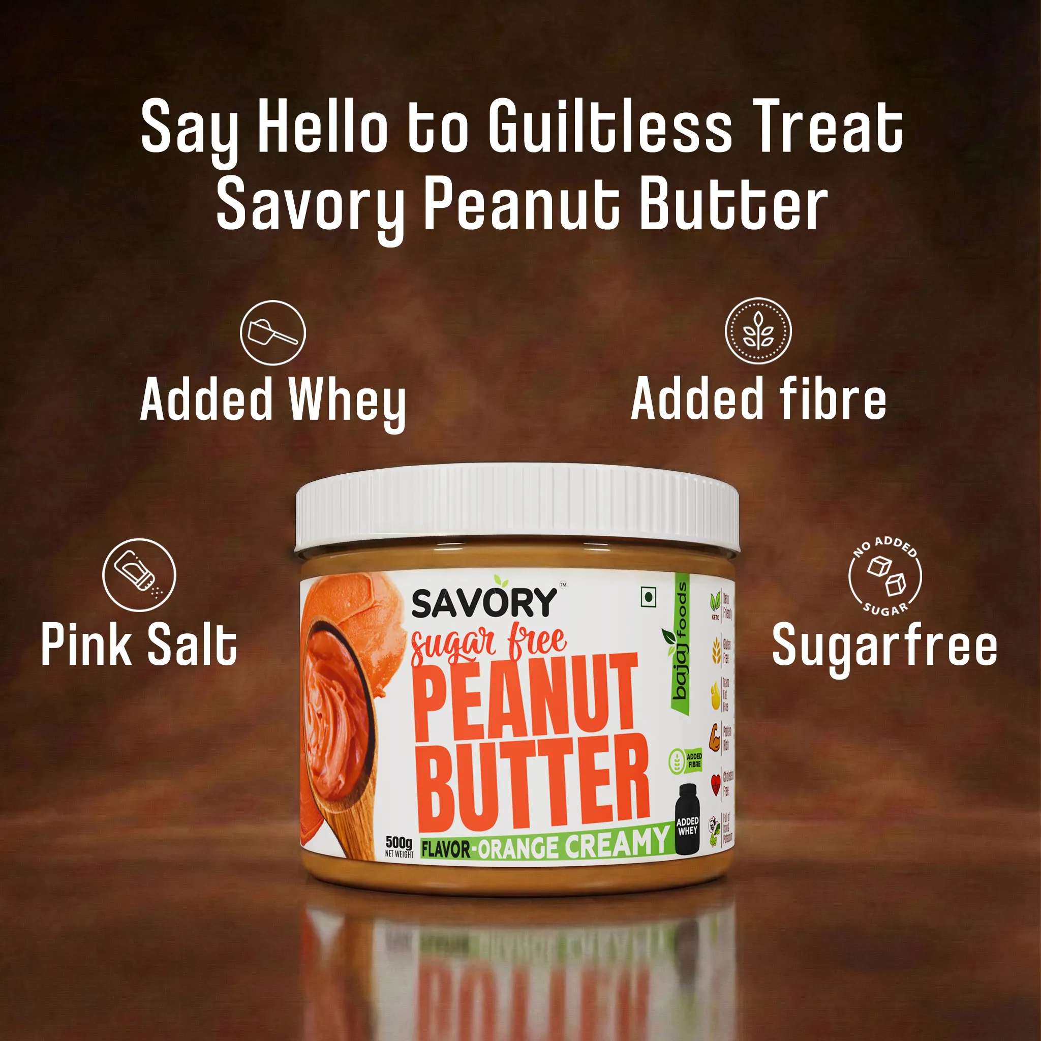 SAVORY Orange Creamy Peanut Butter (Sugar-Free) with Added Whey | High in Protein | No Added Sugar, Energy Booster, Gluten-Free & Keto Friendly | Cholesterol & Trans-fat Free | Protein Rich Spread (900g) view 2