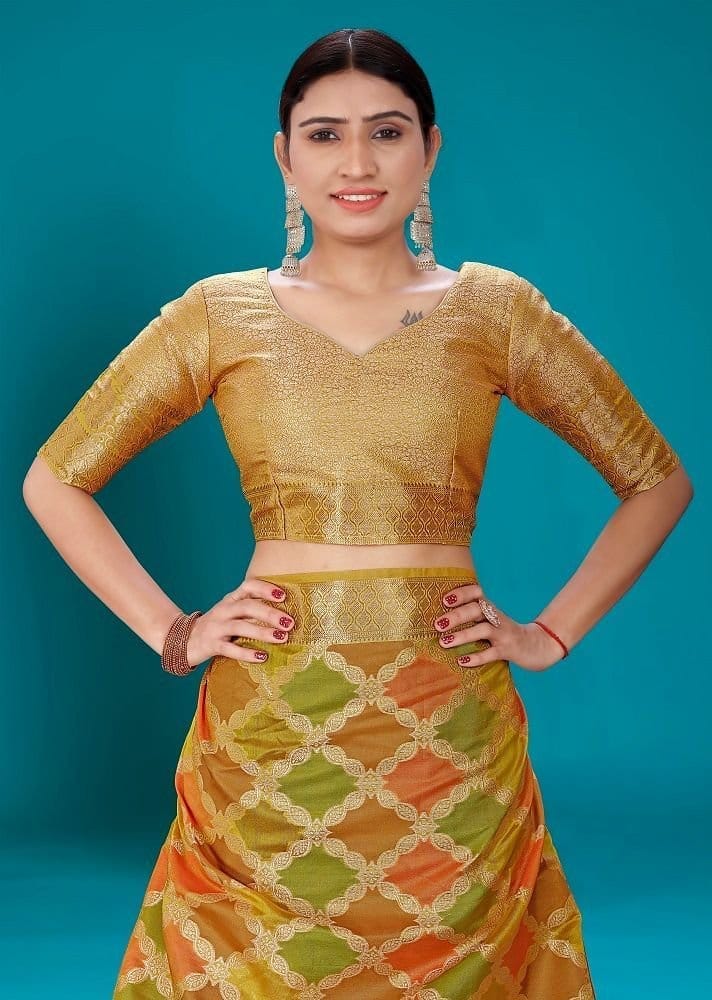 Woven Organza Saree in Mustard and Multicolor view 2