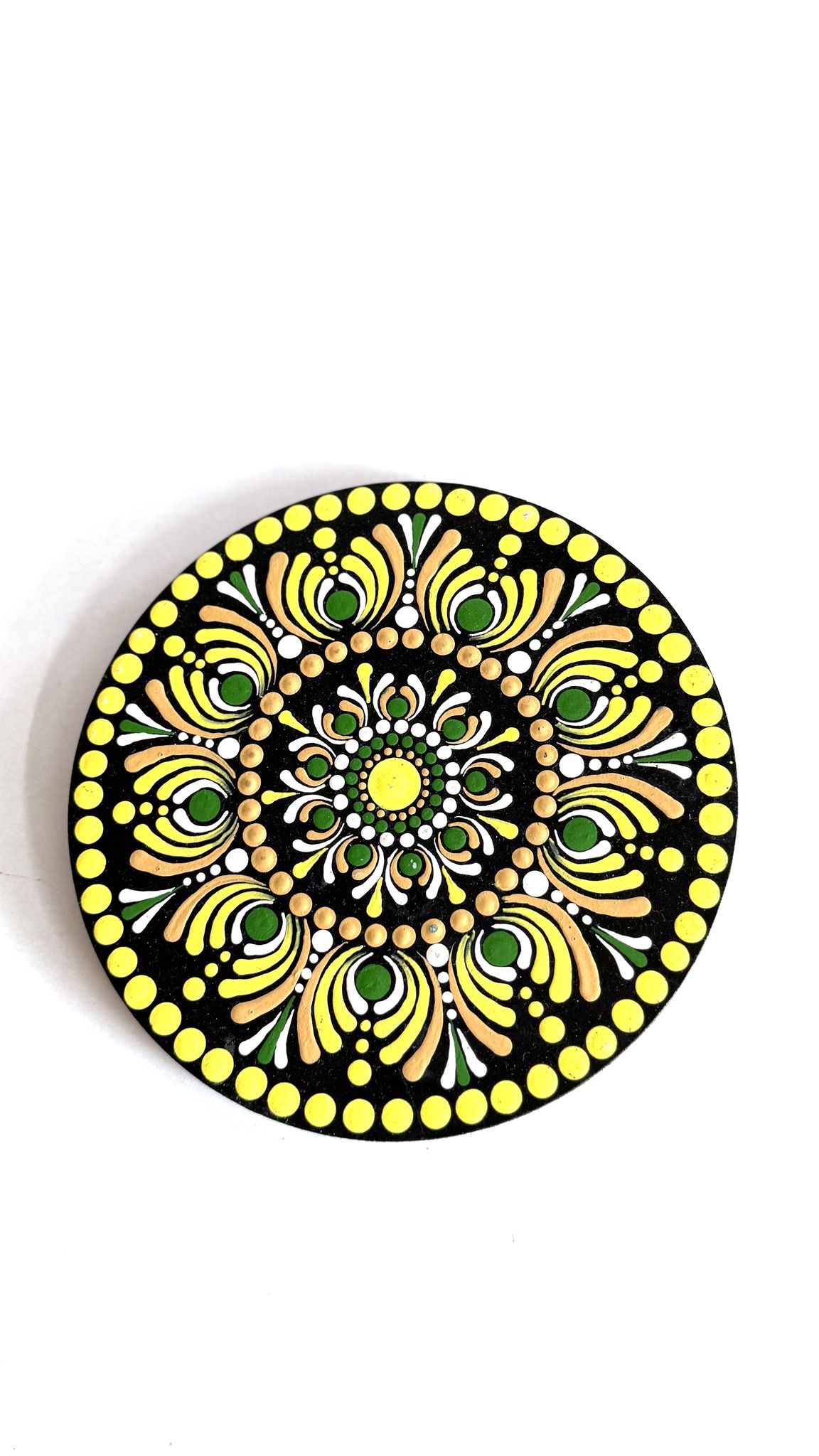 Hand Painted Yellow and Green Mandala Art 6" MDF Wall Hanging