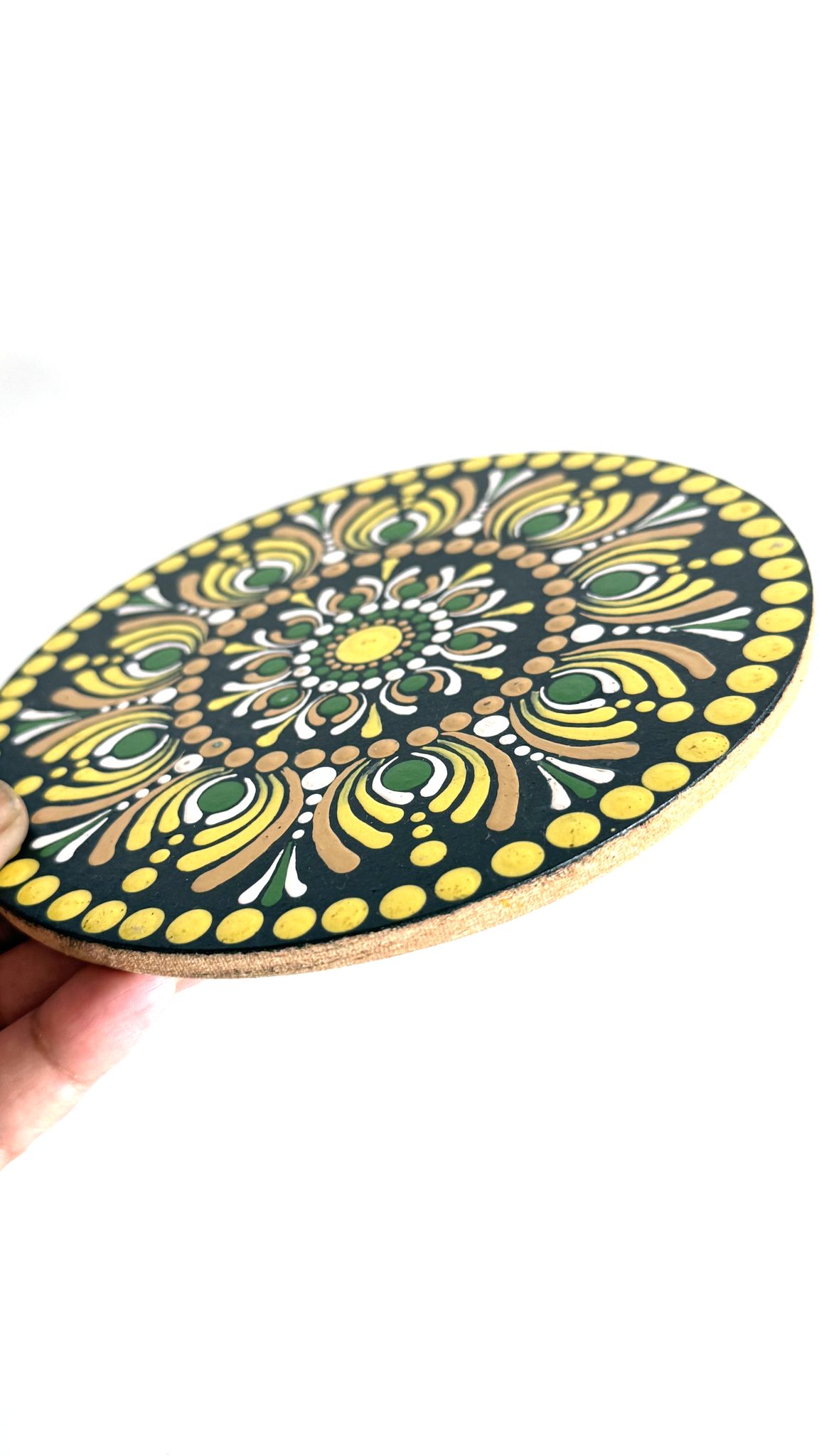 Hand Painted Yellow and Green Mandala Art 6" MDF Wall Hanging view 2
